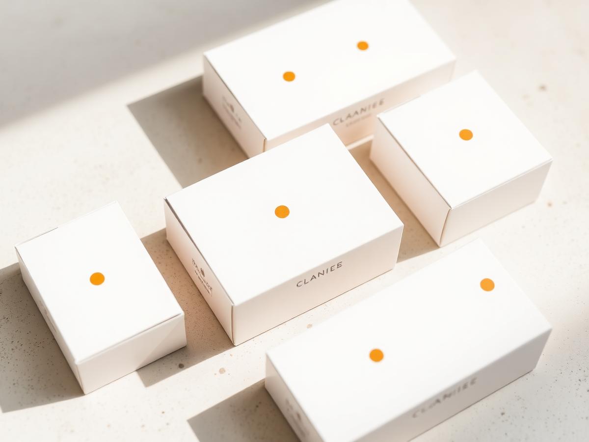 Minimal white product boxes with subtle brand marks