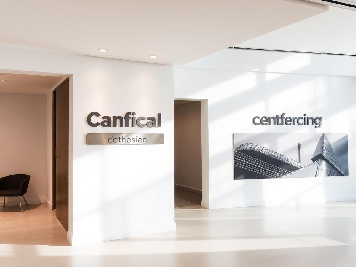 Minimal metal lettering signage in a modern office reception